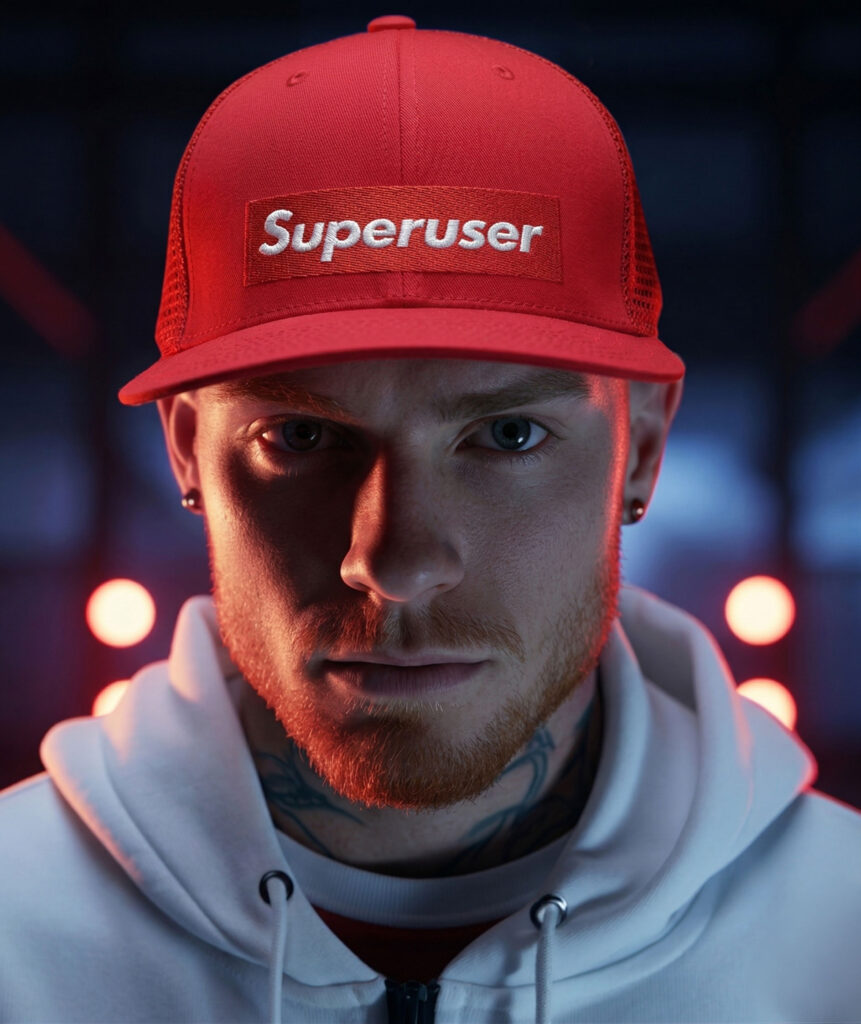 Hacker in white hoodie with a neck tattoo and goatee wears a red NOTANON brand, cap that says SUPERUSER in white across the front